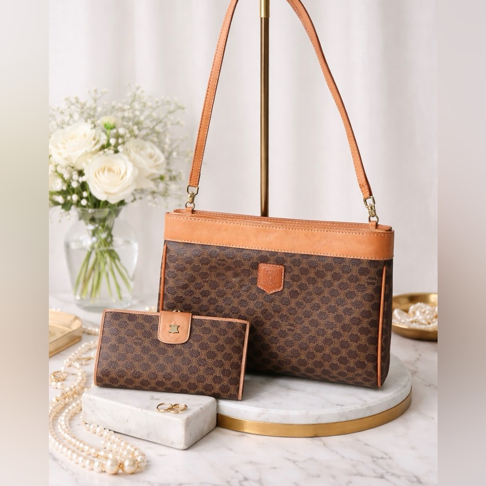 Vintage Celine Macadam Leather Crossbody Purse & Wallet Set